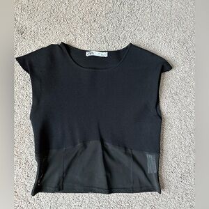 Zara Black Shoulder Pad Crop Top With Mesh Bottom‎ Size L
